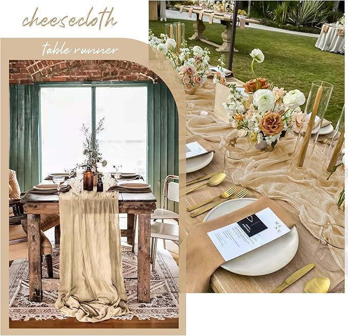 12 Pack 10Ft Beige Cheesecloth Table Runner 35 x 120 inch Boho Gauze Cheese Cloth Table Runner Vintage Rustic Sheer Runners for Wedding Bridal Shower Birthday Party Cake Table Decorations