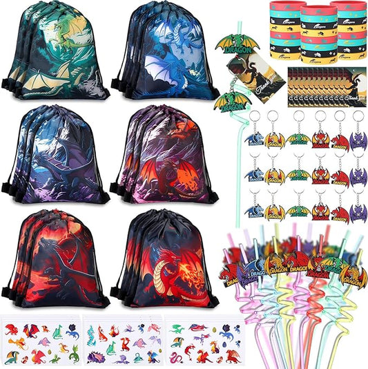 LemonRoad 109 Pcs Dragon Themed Party Favors Set Birthday Supplies Includes Drawstring Bags Keychains Bracelets Stickers Straws Tags for Dragon Theme Party