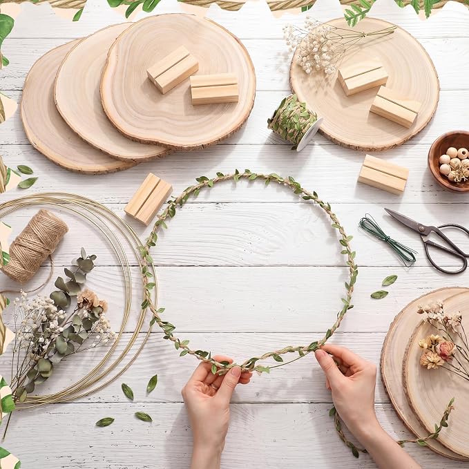 Leinuosen 6 Sets 12" Metal Hoop Table Decor with Stands, 6pcs 9-10" Natural Wood Slices & 33ft Jute Leaf Ribbon for Wedding Bridal Baby Shower Party Center Decoration