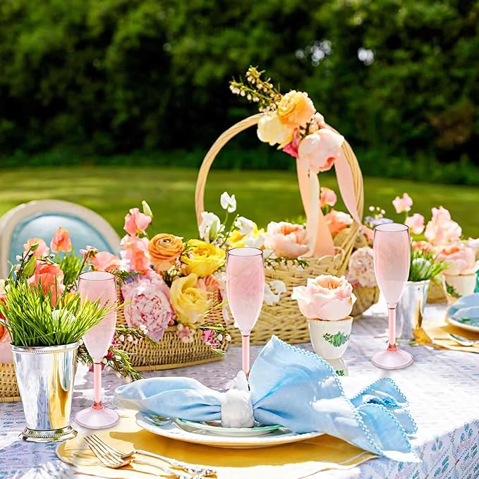 JLYLOL Champagne Flutes 5.4OZ Plastic Champagne Glasses Wine Glasses Plastic Goblets for Parties Mimosa Bar Glasses Stemmed Drinking Cups for Wedding Celebration Christmas Birthday Bride (Clear Pink)