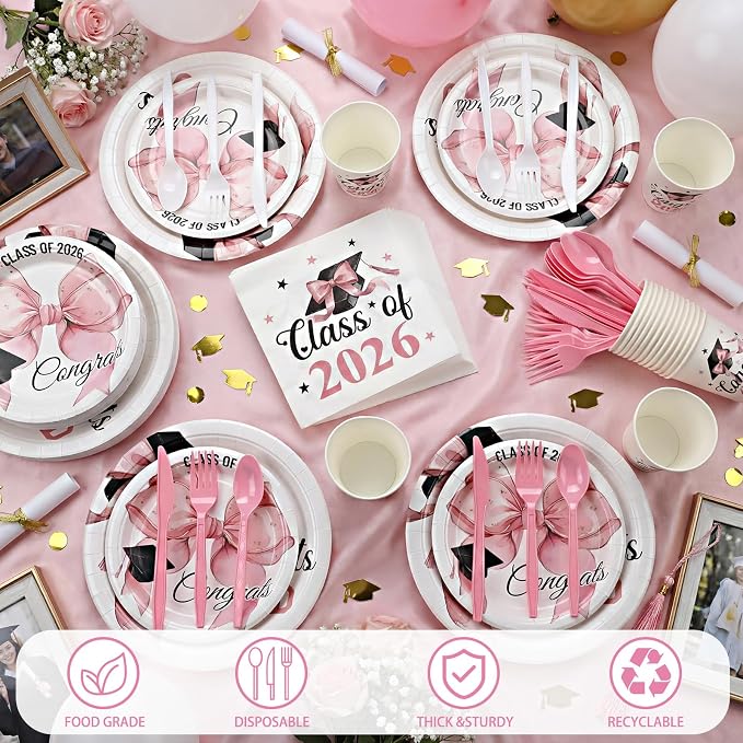 Yungyan 252 Pcs Pink Bow Graduation Cap Party Tableware Set Included Plates Napkins Cups Forks Knives Cutlery for Party Decorations Supplies 36 Guests