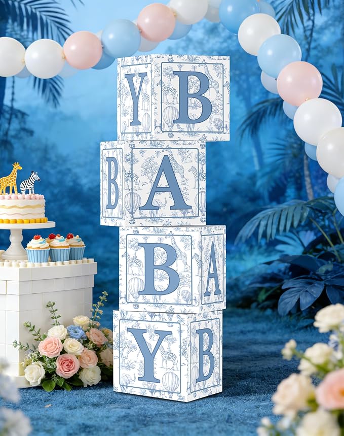 KARAQY Blue Safari Baby Shower Decorations - 4PCS Blue Toile de Jouy BABY Boxes, Jungle Animals Party Boxes for Birthday, Baby Shower Party Supplies (11.8 * 11.8 * 11.8 inches)