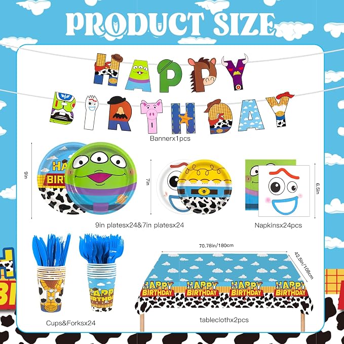 182pcs Toy Theme Party Supplies Include Cloud Plates Napkins Cups Banner Tablecloth Disposable Paper Tableware Set for Toy Birthday Party Decorations,Serve 30 Guests