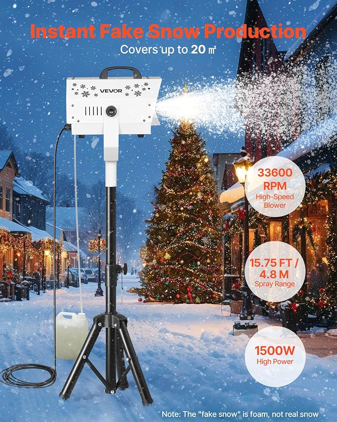 VEVOR Snow Machine, 1500W Snow Maker Machine with Height Adjustable Stand and Wireless Remote Control, High Output Portable Snowmaking Machines for Outdoor Christmas Parties Wedding Stage Effect
