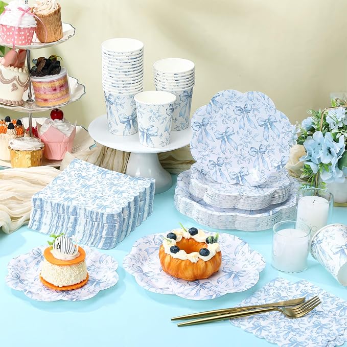 Newtay 250 Pcs Blue Bow Floral Disposable Plates and Napkins Bow Coquette Disposable Tableware Set for 50 Guests Blue Flower Paper Plates Napkins Cups for Wedding Bridal Shower Party Supplies
