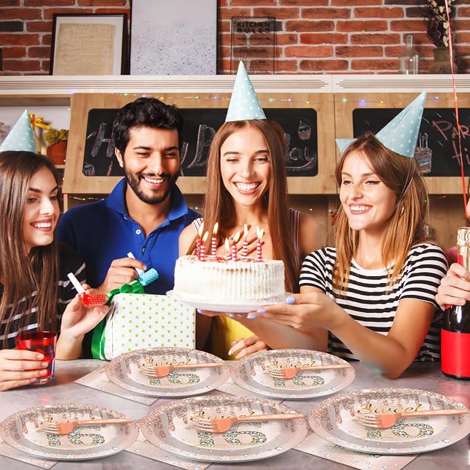 96PCS Rose Gold Sweet 16th Birthday Party Paper Plates and Napkins Sixteenth Birthday Party Decoration 16 Years Old Disposable Cake Dessert Tableware Set Serves 24 Guests Girls Ladies Supplies Favor