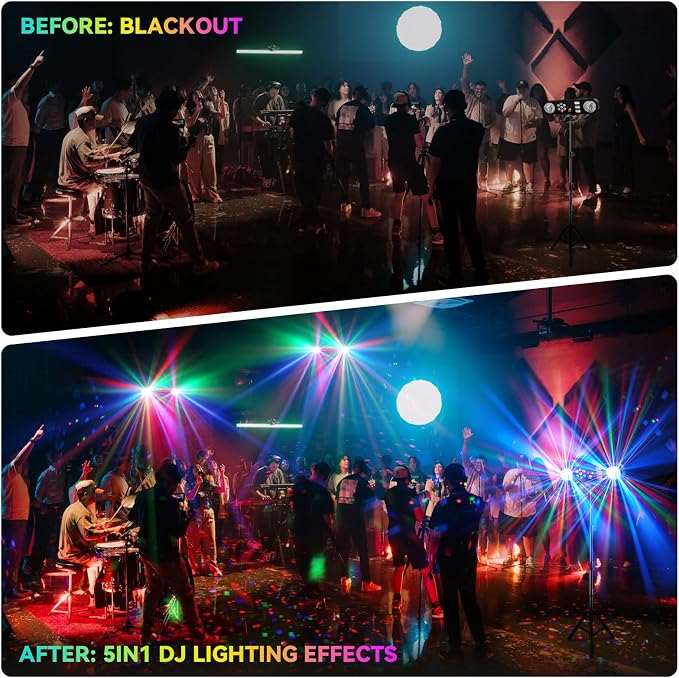 DJ Party Lights with Stand: Complete 5IN1 Light Bar System - Sound Activated Disco Ball UV Blacklight Strobe LED Par & Pattern Lights - Tripod Stand for House Parties Mobile DJs Christmas Lighting