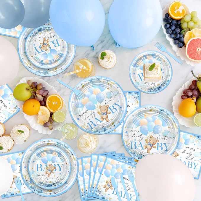 270 Pcs Blue Bear Baby Shower Decorations: We Can Bearly Wait Baby Shower Banner Disposable Plates Napkins Cups Tablecloth Balloons for Boy Serve 24