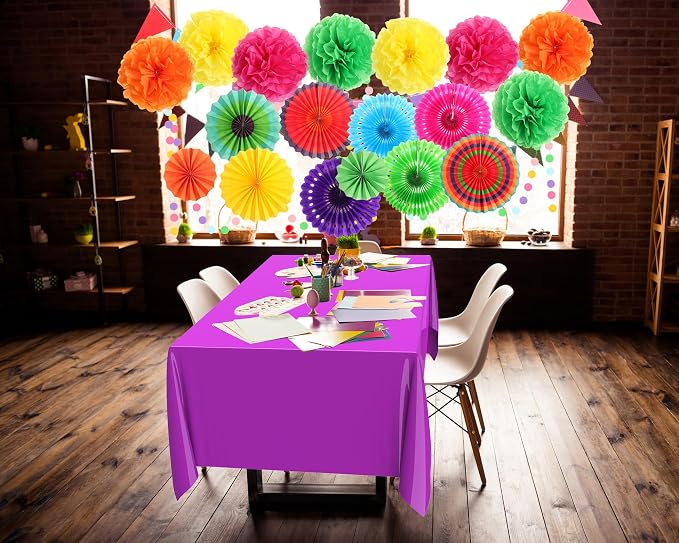 Fullhawl 27 Pcs Mexican Party Decoration, 6 Pack Disposable Tablecloth 21 Pcs Hanging Paper Fans, Pom Poms Flowers, Garland String Polka Dot and Triangle Flag Set for Rainbow Birthday Fiesta Party