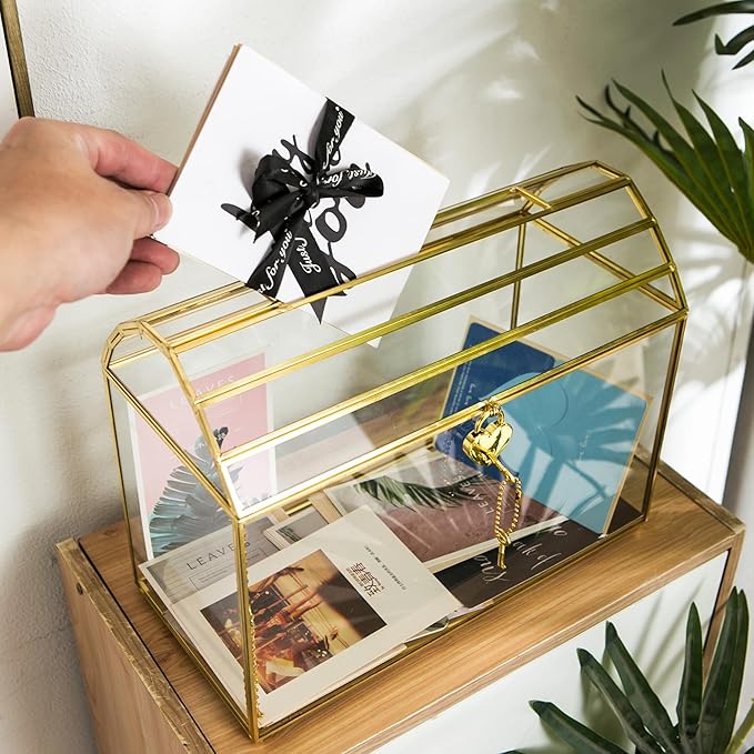 Wedding Card Box with Slot, 12.2'' Large Glass Card Boxes for Reception, Gold Cards Holder, Clear Decorative Storage Box with Lock for Baby Shower, Birthday Party, Christmas, Bridal Shower
