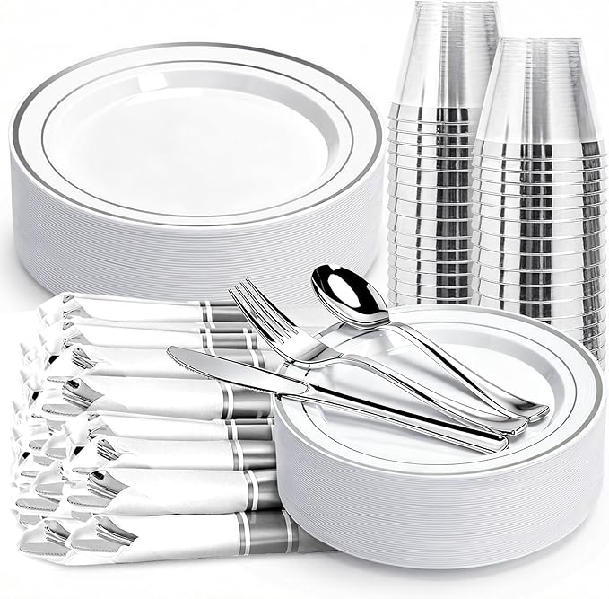 175 PCS White and Silver Plastic Dinnerware Set for 25 Guests, Disposable Party Plates for 25 Guests, Include: 50 Plastic Plates, 25 Pre Rolled Napkins with Silver Silverware, 25 Cups