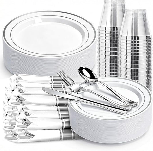 175 PCS White and Silver Plastic Dinnerware Set for 25 Guests, Disposable Party Plates for 25 Guests, Include: 50 Plastic Plates, 25 Pre Rolled Napkins with Silver Silverware, 25 Cups