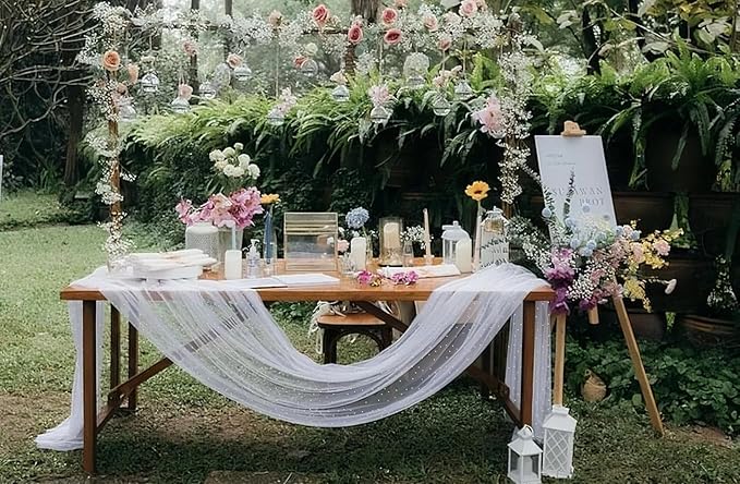 Pearl Table Runner 10FT,White Ivory Tulle Seasonal Cheesecloth Gauze Lace Fabric for Wedding Arch Birthday Bridal Baby Shower Holiday Anniversary Dining Centerpieces Sheer Table Decor 120 Inch 6 Pack