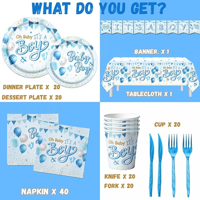 CMUSKO Blue Baby Shower Decorations for Boy, It's a Boy Baby Shower Party Supplies with Baby Boy Plates Napkins Cups Banner Tablecloth for Baby Boy Gender Reveal Baby Shower Party Decor