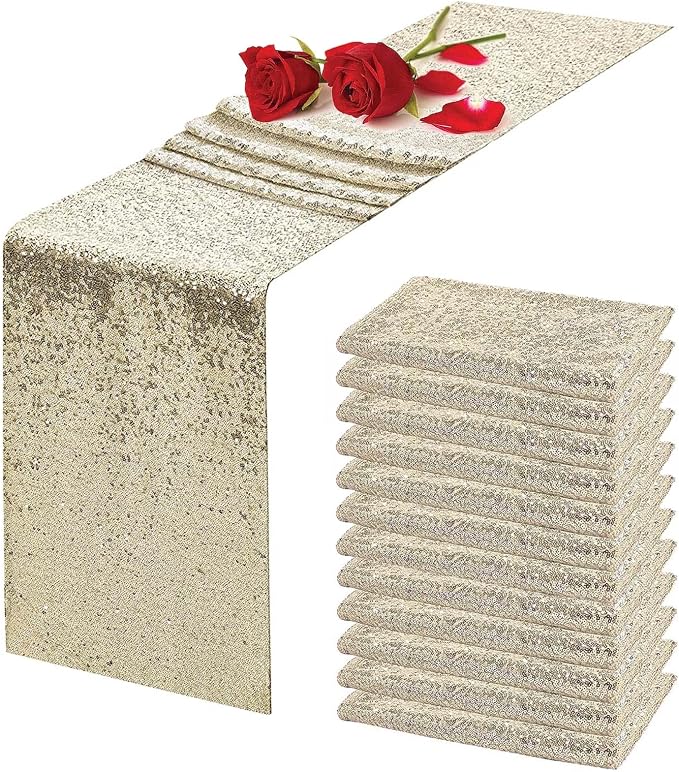 Champagne Sequin Table Runner 12" x 72" Pack of 12 Glitter Table Runner Metallic Sparkle Table Linen Runner for Baby Shower Wedding Birthday Party Event