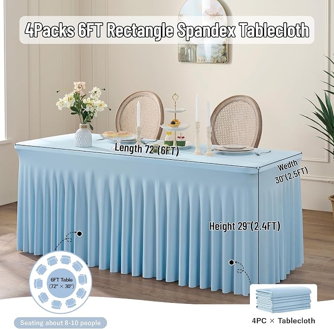 leegleri 4 Pack Blue Spandex Table Clothes for 6 Foot Rectangle Tables, Wrinkle Free Fitted Table Cover 6ft Stretch Tablecloths with Skirt for Parties Weddings Birthday Banquet Baby Shower