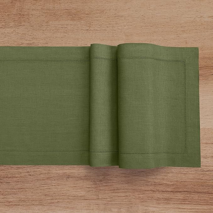 Solino Home Linen Olive Table Runner 90 Inches Long - 100% Pure Linen 14 x 90 Inch Table Runner - Classic Hemstitch