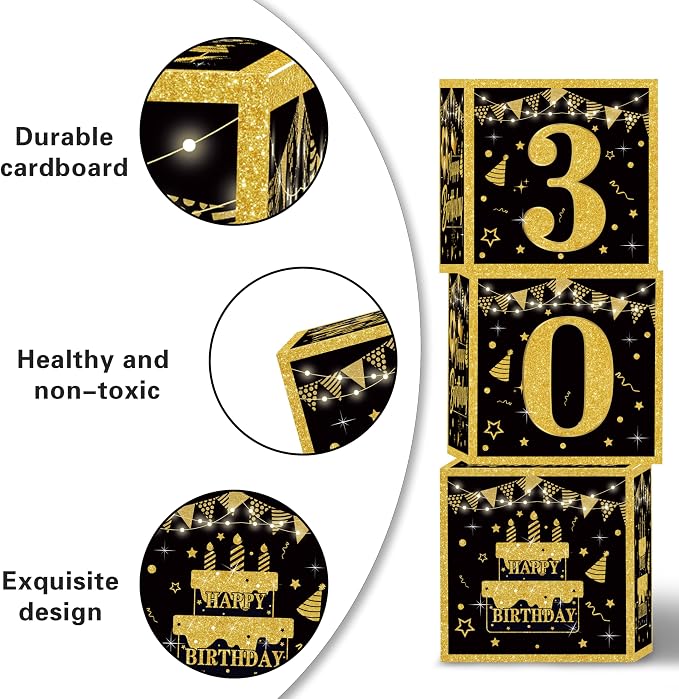 Gold 30th birthday decorations for him Men,3pcs birthday Decorations for Men boys black and gold Balloon Boxes Birthday Party Favors