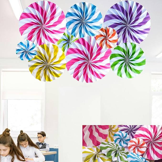 9Pcs Candyland Party Decorations Candy Paper Fans Hanging Background Wall Lollipop Candy Fans for Garland Ceilings Classroom Decoration Wedding Candyland Themed Birthday Party Supplies