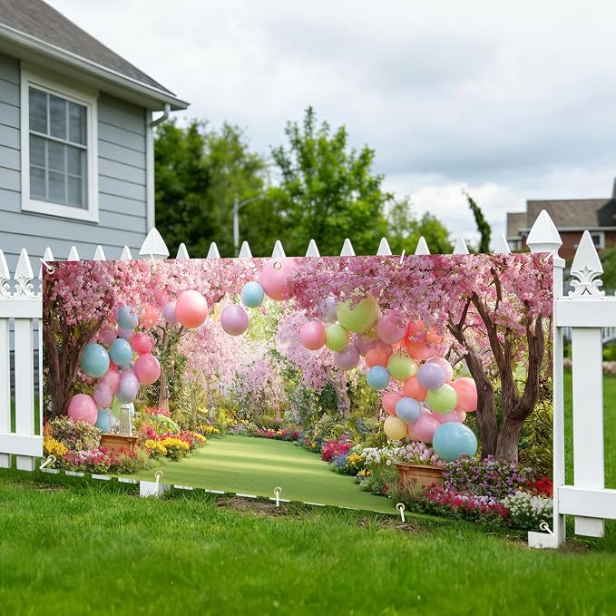 Cherry Blossom Garden Garage Door Banner Cover 7x16FT Waterproof –Pastel Balloon Arch & Floral Path Backdrop,Indoor Outdoor Decor for Spring Easter,Wedding,Baby Shower, Bridal Shower & Photo Booth