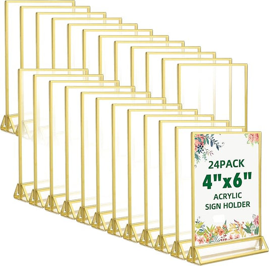 TonGass 24-Pack 4"x6" Gold Acrylic Picture Frames – 3mm Gold Border Wedding Table Number Holders, Clear Double-Sided Acrylic Sign Holders for Weddings, Banquets, Parties, Centerpieces