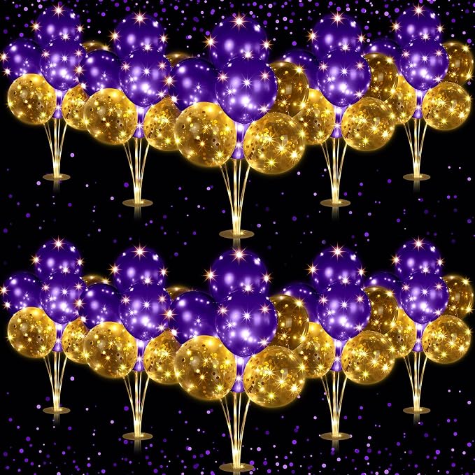 Junkin 10 Set Balloon Stand Kit for Centerpiece with LED String Light 100 Pcs Balloons Table Balloon Stand Centerpieces for Birthday Wedding Baby Shower Back to School Party Decor(Purple)