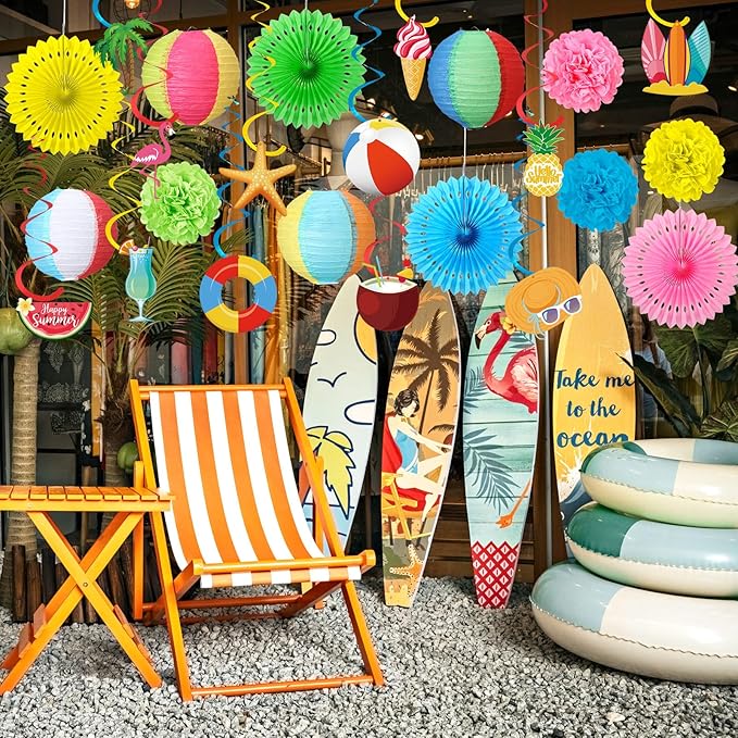 Crtiin 28 Pcs Beach Party Decorations Paper Lanterns Pom Poms Fans Spiral Cardboard Hanging Ornaments Hawaiian Tropical Themed Decor for Summer Pool Beach Birthday Party Supplies