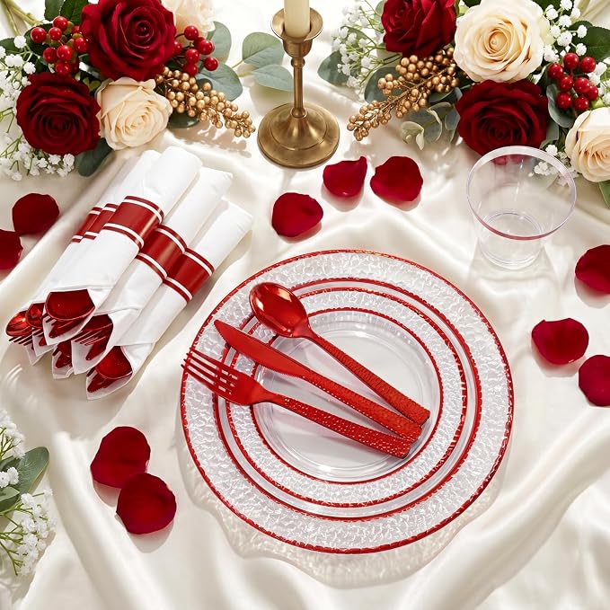 Ciaell 350 PCS Clear and Red Plastic Plates – Red Dinnerware Set for 50 Guests Include 100 Plastic Plates, 50 Pre Rolled Napkins with Cutlery Set, 50 Cups for Wedding