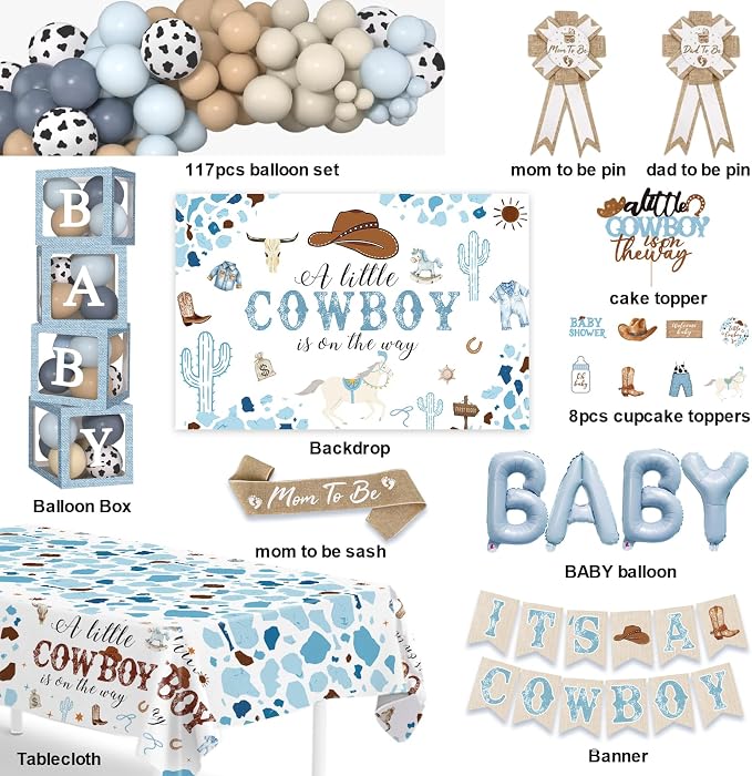 Cowboy Baby Shower Decorations for Boy, Blue Brown Balloons Arch Kit Balloon Boxes A Little Cowboy is on the Way Backdrop Banner Tablecloth Cake Topper Sash Corsage for Western Baby Shower Decor