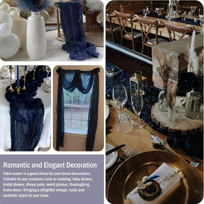8 Pack 10 ft Navy Blue Cheesecloth Table Runner 35x120 Inches Boho Gauze Rustic Cheese Cloth Runners Long Romantic Sheer Table Runner for Wedding Bridal Shower Party Christmas Birthday Decor