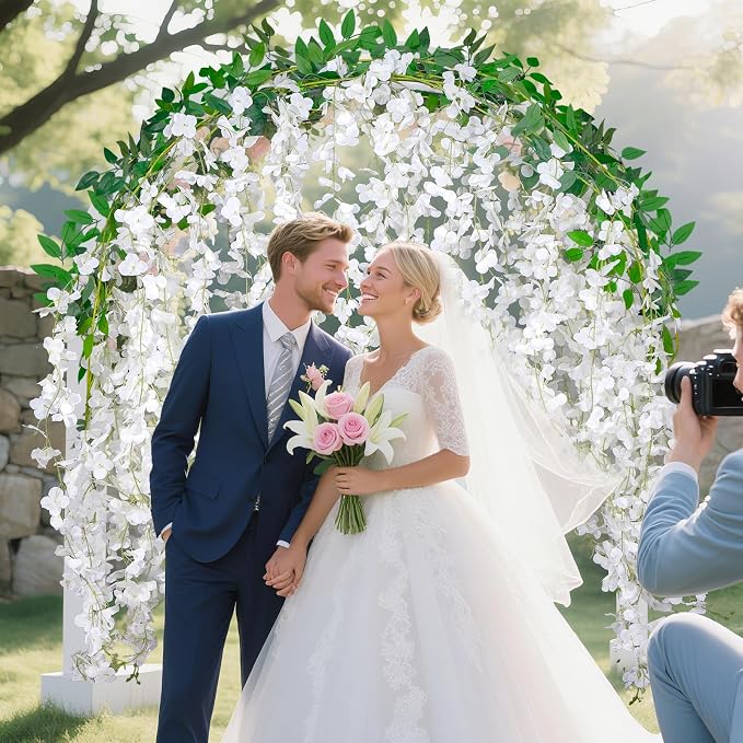 BSMYBO 60 Branches Wisteria Hanging Flowers White Artificial Wisteria Hanging Flowers Garlands Vine for Wedding Arch Party Ceremony Home Garden Backdrop Wall Decoration (4 Pack)