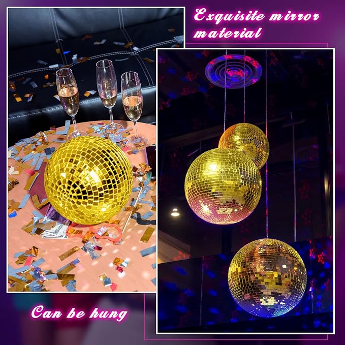 WILLBOND 12 Pack Disco Ball Party Decorations Hanging Mirror Balls Fun Retro Dj Lighting Effect Stage Props Game Accessories, 5.91", 3.94", 3.15", 2.36"(Gold)
