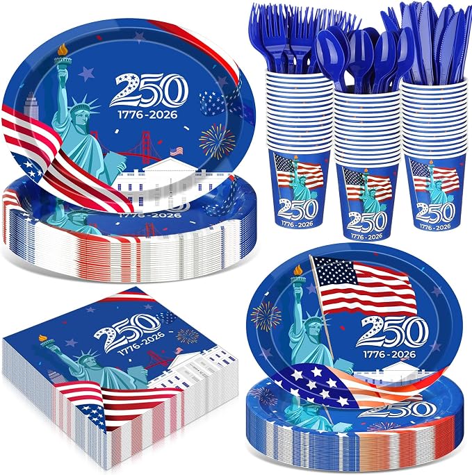 Pajean 350 Pcs 4th of July Party Decorations 12 inch Disposable Patriotic Oval Plates and Napkins Heavy Duty American Flag Paper Tableware Set for 50 Guests 250th Independence Party Supplies