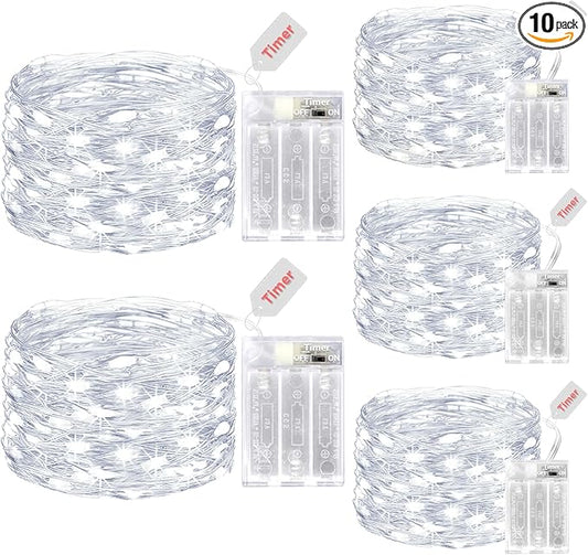 kolpop 10 Pack Fairy Lights Battery Operated with Timer, 50 LED 16FT Twinkle Lights Battery Powered, Cool White Mini String Light for Indoor Christmas Wedding Tree Decorations