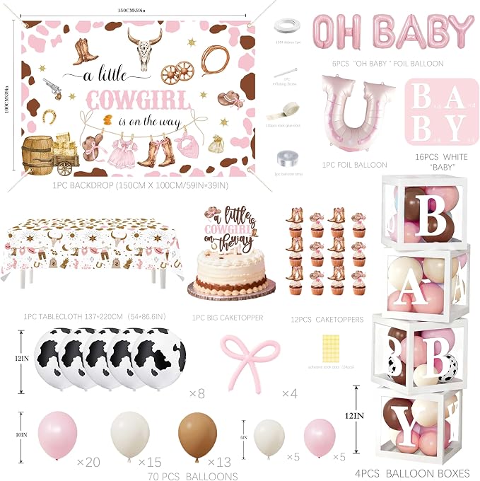 Cowgirl Baby Shower Decorations for Girl - Western Theme Party Supplies Include Balloon Garland Arch Kit, Backdrop, Tablecloth, 4 Boxes, Horseshoe Foil Balloon - A Little Cowgirl is on the Way Pink