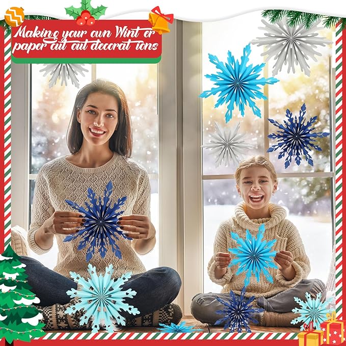 Fuyoooo 12 Pcs Snowflakes Hanging Decorations Blue Purple White Paper Fans Hollow Snowflakes Ceiling Hangings Decor Ice Birthday Fans Decor for Wedding Birthday Holiday Party Decoration(Blue)