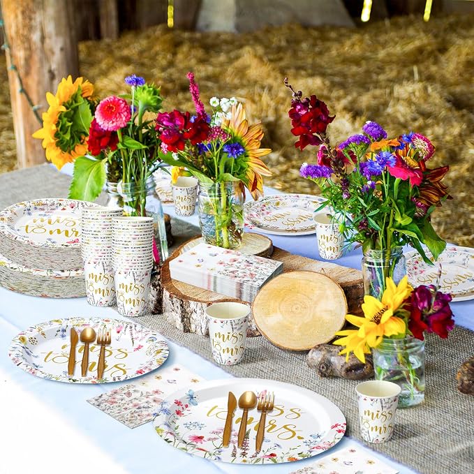 400 Pcs Miss to Mrs Plates and Napkins Sets Bridal Shower Disposable Dinnerware Wedding Party Supplies Spring Plates Baby Shower Party Decorations