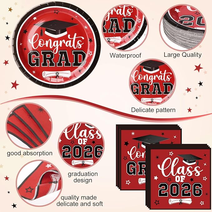 Funnymoom 400 Pcs Graduation Party Supplies Class of 2026 Graduation Paper Plate Napkin Cup Cutlery Congrats Grad Disposable Tableware Set for Grad Party Decorations, Serve 50 (Red, Black)