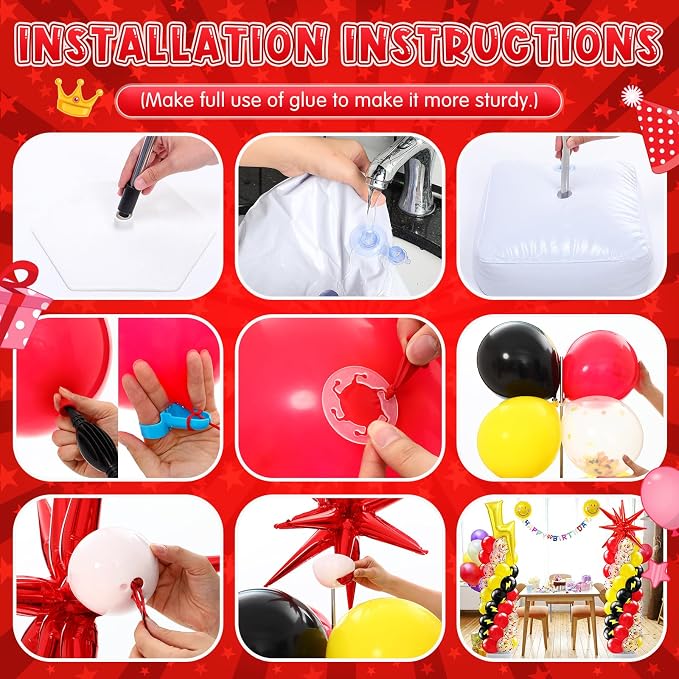 Kasyat 2 Set Cartoon Theme Balloon Column Stand Kit with Lightning Explosion Star Foil Balloons Black Red Yellow Arch Garland Kit for Cartoon Baby Shower Birthday Party Supplies