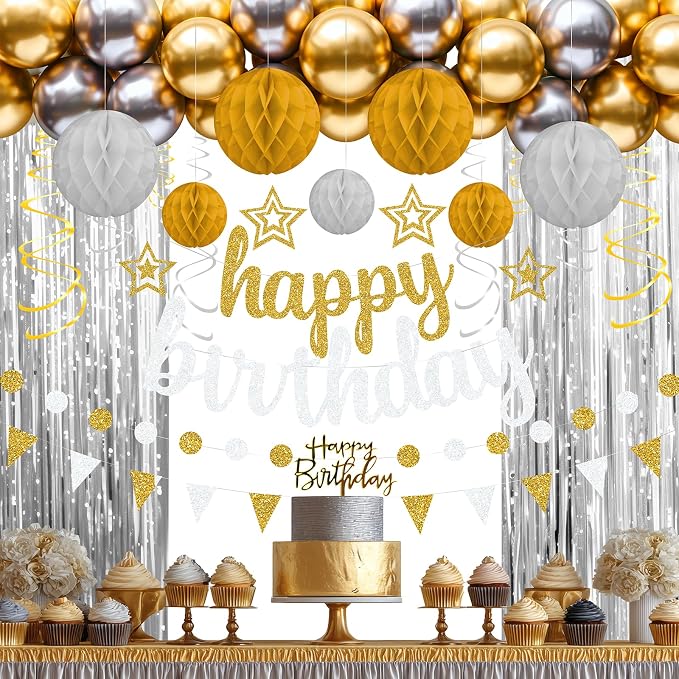 Gold and Silver Birthday Party Decorations Set - Happy Birthday Banner Balloons Foil Curtains Hanging Swirls for Men Women Birthday Party Supplies