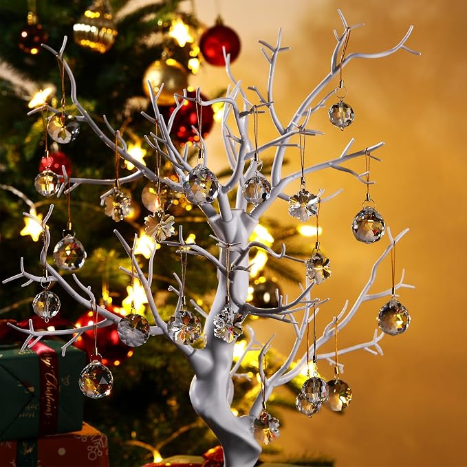 XunYee 36 Pcs Crystal Glass Christmas Balls Ornaments, 1.18" Mini Hanging Crystal Prism Xmas Tree Decorations Pendants for Home Wedding Birthday Party Holiday Decorations(Clear Color,Mixed Styles)