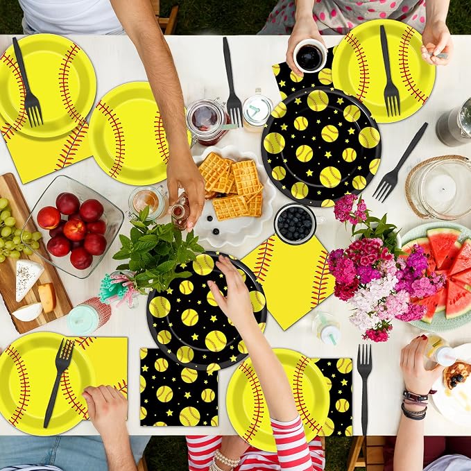 96Pcs Softball Birthday Party Decorations Paper Plates and Napkins Sets Sports Theme Dessert Disposable Tableware Black Yellow Softball Plates Supplies Team Sport Party Gifts Favors for 24 Guests