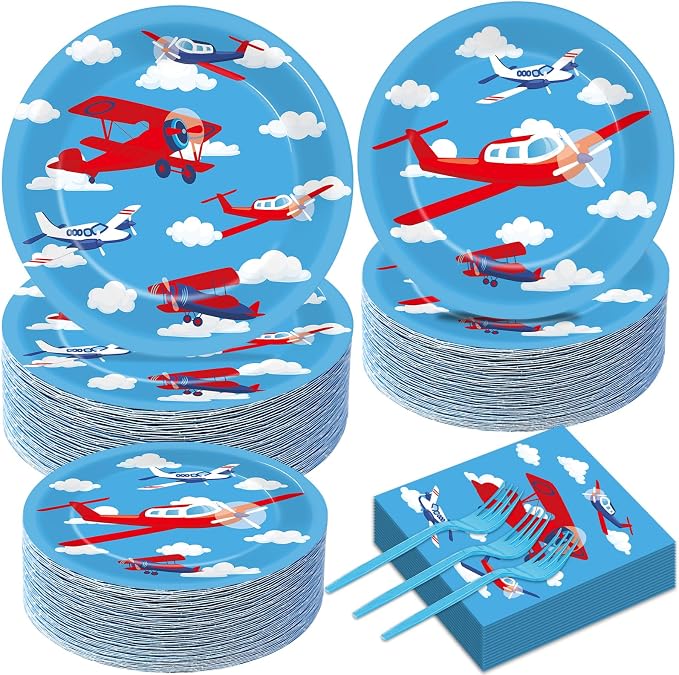 Qyeahkj 50 Guests Airplane Plates and Napkins Party Supplies Plane Party Decorations Disposable Tableware Set Blue Sky Helicopter Paper Cake Dessert Dinnerware Favor for Kids Boys Baby Shower, 200PCS