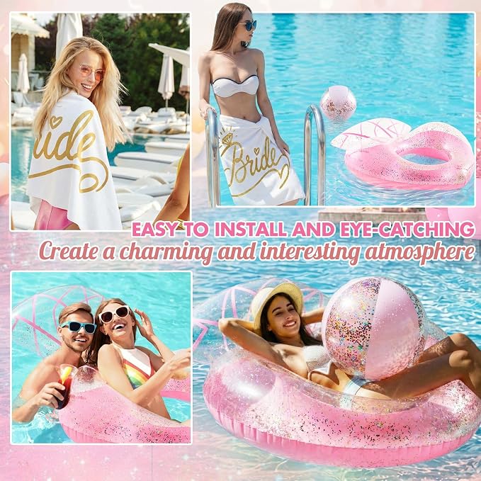 Realspring 3 Pcs Bachelorette Pool Float Set for Bride to Be Gifts Inflatable Glitter Heart Shaped Diamond Ring Float with Bridal Towel & Beach Ball for Bridal Shower Pool Party Decorations