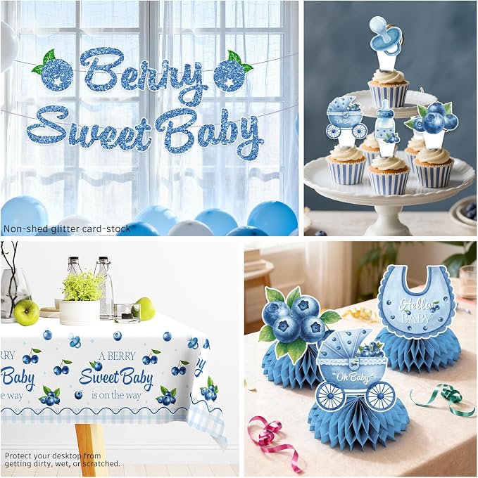 Blueberry Baby Shower Decorations, 212 Pcs Blue Berry Sweet Banner, Balloons, Plates and Napkins Set, Tablecloth Berry Sweet Blueberry Themed Baby Shower Party Decorations Supplies