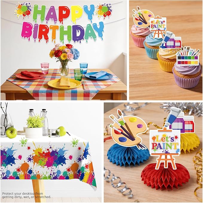 354pcs Paint Party Decorations for Kids and Art Lovers, Convenient Disposable Paper Tableware Set Includes 350gsm Plates and 2 PE Plastic Tablecloths for Paint Party and Celebration