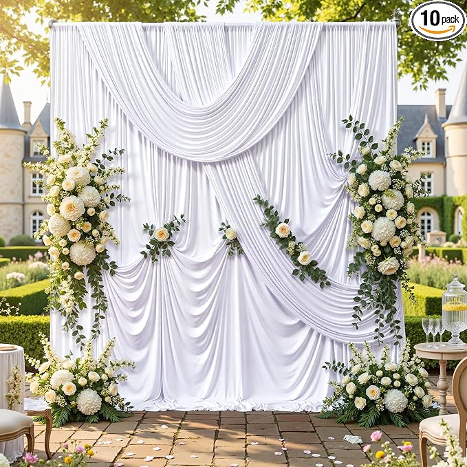 50ftx10ft Wrinkle Free White Backdrop Curtain for Party Background, 10 Panels Silky Polyester Photo Backdrop Drapes Back Drop Cloth for Wedding Birthday Photography Baby Shower Photoshoot Decor