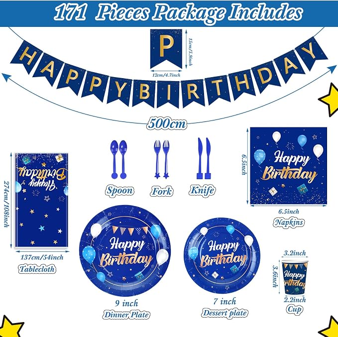 Pajean Blue and Gold Happy Birthday Party Tableware Set Navy Blue Birthday Decoration for Men Banner and Tablecloths Plates Cups Napkins Dinnerware for 24 Guests Party Supplies