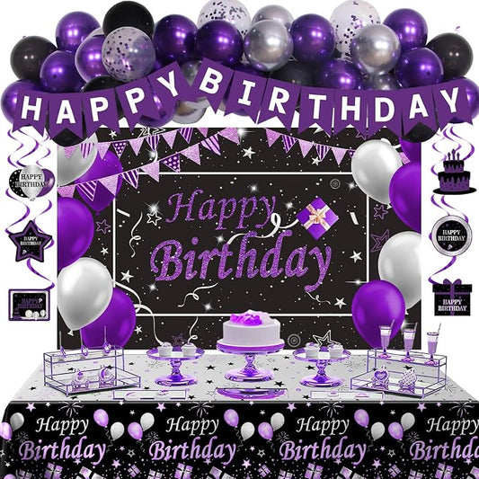 Black Purple Birthday Decorations for Women Girls Men, Purple and Silver Party Decorations Happy Birthday Banner Backdrop Confetti Silver Balloons Arch Hanging Swirls Party Supplies Tablecloth