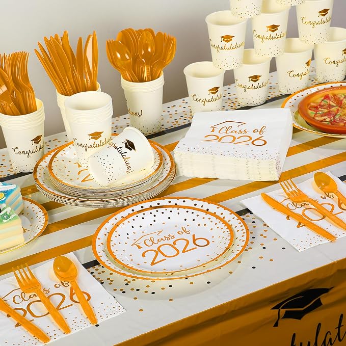 350pcs Class of 2026 Graduation Plates and Napkins Set, Disposable Paper Plate Set Polka Dots Napkins Cups Knife Fork Spoon for Graduation Party Decorations and Supplies,Serve 50 (White Orange)